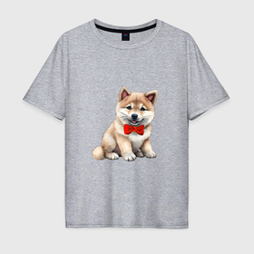 Мужская футболка хлопок Oversize с принтом Акита Ину щенок в Кировске, 100% хлопок | свободный крой, круглый ворот, “спинка” длиннее передней части | 
