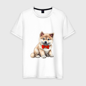 Мужская футболка хлопок с принтом Акита Ину щенок в Кировске, 100% хлопок | прямой крой, круглый вырез горловины, длина до линии бедер, слегка спущенное плечо. | 