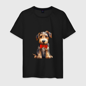 Мужская футболка хлопок с принтом Эрдельтерьер собака в Курске, 100% хлопок | прямой крой, круглый вырез горловины, длина до линии бедер, слегка спущенное плечо. | Тематика изображения на принте: 