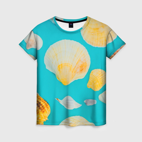 Женская футболка 3D с принтом Лето, ракушки в Екатеринбурге, 100% полиэфир ( синтетическое хлопкоподобное полотно) | прямой крой, круглый вырез горловины, длина до линии бедер | 
