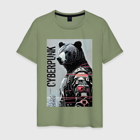 Мужская футболка хлопок с принтом Крутой медвежара   киберпанк   нейросеть в Кировске, 100% хлопок | прямой крой, круглый вырез горловины, длина до линии бедер, слегка спущенное плечо. | 