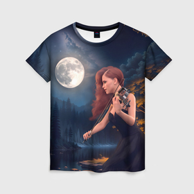 Женская футболка 3D с принтом Девушка играет на скрипке в ночном парке , 100% полиэфир ( синтетическое хлопкоподобное полотно) | прямой крой, круглый вырез горловины, длина до линии бедер | 