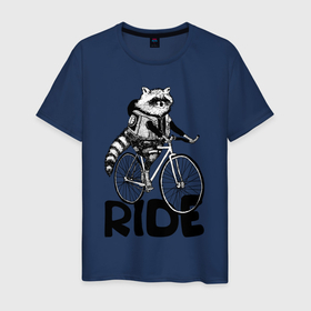 Мужская футболка хлопок с принтом Raccoon ride в Санкт-Петербурге, 100% хлопок | прямой крой, круглый вырез горловины, длина до линии бедер, слегка спущенное плечо. | 