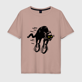 Мужская футболка хлопок Oversize с принтом Black cat rider в Кировске, 100% хлопок | свободный крой, круглый ворот, “спинка” длиннее передней части | 