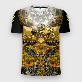 Мужская футболка 3D Slim с принтом Золотой орёл   славянский орнамент в Петрозаводске, 100% полиэстер с улучшенными характеристиками | приталенный силуэт, круглая горловина, широкие плечи, сужается к линии бедра | Тематика изображения на принте: 
