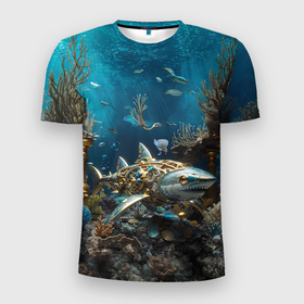 Мужская футболка 3D Slim с принтом Механическая акула в Петрозаводске, 100% полиэстер с улучшенными характеристиками | приталенный силуэт, круглая горловина, широкие плечи, сужается к линии бедра | 