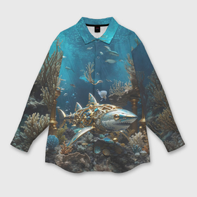 Мужская рубашка oversize 3D с принтом Механическая акула в Тюмени,  |  | 