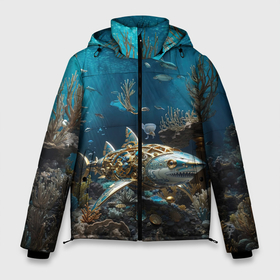 Мужская зимняя куртка 3D с принтом Механическая акула в Петрозаводске, верх — 100% полиэстер; подкладка — 100% полиэстер; утеплитель — 100% полиэстер | длина ниже бедра, свободный силуэт Оверсайз. Есть воротник-стойка, отстегивающийся капюшон и ветрозащитная планка. 

Боковые карманы с листочкой на кнопках и внутренний карман на молнии. | 