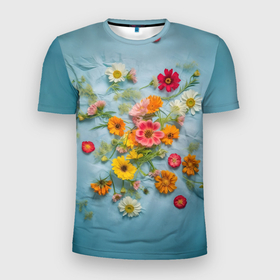 Мужская футболка 3D Slim с принтом Букет полевых цветов на ткани в Новосибирске, 100% полиэстер с улучшенными характеристиками | приталенный силуэт, круглая горловина, широкие плечи, сужается к линии бедра | Тематика изображения на принте: 