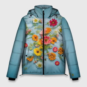 Мужская зимняя куртка 3D с принтом Букет полевых цветов на ткани в Новосибирске, верх — 100% полиэстер; подкладка — 100% полиэстер; утеплитель — 100% полиэстер | длина ниже бедра, свободный силуэт Оверсайз. Есть воротник-стойка, отстегивающийся капюшон и ветрозащитная планка. 

Боковые карманы с листочкой на кнопках и внутренний карман на молнии. | Тематика изображения на принте: 