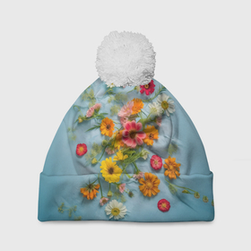 Шапка 3D c помпоном с принтом Букет полевых цветов на ткани в Екатеринбурге, 100% полиэстер | универсальный размер, печать по всей поверхности изделия | 