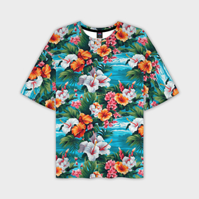 Мужская футболка oversize 3D с принтом Гавайские   цветы паттерн в Тюмени,  |  | Тематика изображения на принте: 