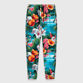 Мужские брюки 3D с принтом Гавайские   цветы паттерн в Петрозаводске, 100% полиэстер | манжеты по низу, эластичный пояс регулируется шнурком, по бокам два кармана без застежек, внутренняя часть кармана из мелкой сетки | 