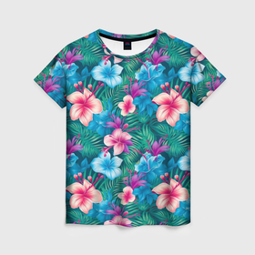 Женская футболка 3D с принтом Гавайский    паттерн   цветы в Тюмени, 100% полиэфир ( синтетическое хлопкоподобное полотно) | прямой крой, круглый вырез горловины, длина до линии бедер | 