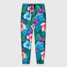 Мужские брюки 3D с принтом Гавайский    паттерн   цветы в Тюмени, 100% полиэстер | манжеты по низу, эластичный пояс регулируется шнурком, по бокам два кармана без застежек, внутренняя часть кармана из мелкой сетки | 