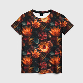 Женская футболка 3D с принтом Гавайские   летние цветы в Санкт-Петербурге, 100% полиэфир ( синтетическое хлопкоподобное полотно) | прямой крой, круглый вырез горловины, длина до линии бедер | 
