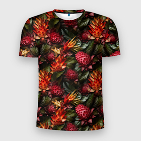 Мужская футболка 3D Slim с принтом Тропические  цветы в Санкт-Петербурге, 100% полиэстер с улучшенными характеристиками | приталенный силуэт, круглая горловина, широкие плечи, сужается к линии бедра | Тематика изображения на принте: 