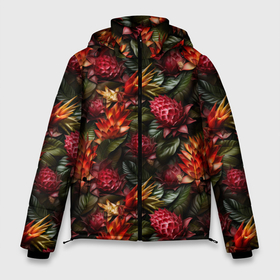 Мужская зимняя куртка 3D с принтом Тропические  цветы в Санкт-Петербурге, верх — 100% полиэстер; подкладка — 100% полиэстер; утеплитель — 100% полиэстер | длина ниже бедра, свободный силуэт Оверсайз. Есть воротник-стойка, отстегивающийся капюшон и ветрозащитная планка. 

Боковые карманы с листочкой на кнопках и внутренний карман на молнии. | Тематика изображения на принте: 