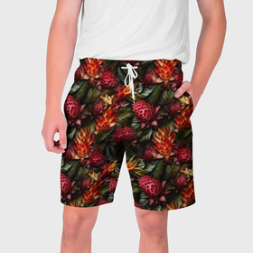 Мужские шорты 3D с принтом Тропические  цветы в Санкт-Петербурге,  полиэстер 100% | прямой крой, два кармана без застежек по бокам. Мягкая трикотажная резинка на поясе, внутри которой широкие завязки. Длина чуть выше колен | Тематика изображения на принте: 