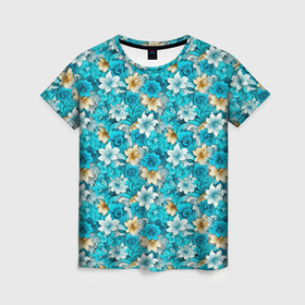 Женская футболка 3D с принтом Тропические   цветы   паттерн в Курске, 100% полиэфир ( синтетическое хлопкоподобное полотно) | прямой крой, круглый вырез горловины, длина до линии бедер | 