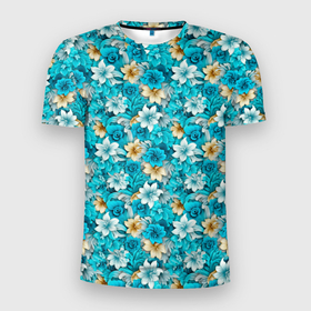 Мужская футболка 3D Slim с принтом Тропические   цветы   паттерн в Санкт-Петербурге, 100% полиэстер с улучшенными характеристиками | приталенный силуэт, круглая горловина, широкие плечи, сужается к линии бедра | Тематика изображения на принте: 