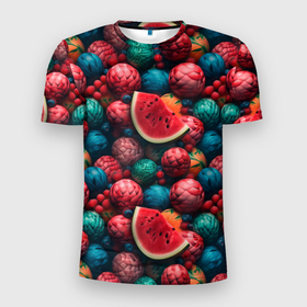 Мужская футболка 3D Slim с принтом Тропические фрукты и арбузы в Тюмени, 100% полиэстер с улучшенными характеристиками | приталенный силуэт, круглая горловина, широкие плечи, сужается к линии бедра | Тематика изображения на принте: 