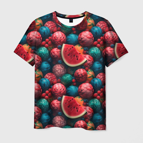 Мужская футболка 3D с принтом Тропические фрукты и арбузы в Тюмени, 100% полиэфир | прямой крой, круглый вырез горловины, длина до линии бедер | 