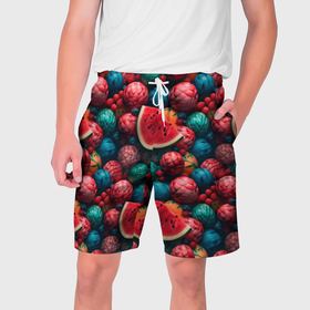 Мужские шорты 3D с принтом Тропические фрукты и арбузы в Тюмени,  полиэстер 100% | прямой крой, два кармана без застежек по бокам. Мягкая трикотажная резинка на поясе, внутри которой широкие завязки. Длина чуть выше колен | 