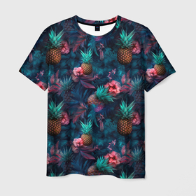 Мужская футболка 3D с принтом Ананасы и цветы в Екатеринбурге, 100% полиэфир | прямой крой, круглый вырез горловины, длина до линии бедер | 