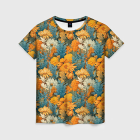 Женская футболка 3D с принтом Цветочный полевой паттерн в Тюмени, 100% полиэфир ( синтетическое хлопкоподобное полотно) | прямой крой, круглый вырез горловины, длина до линии бедер | 