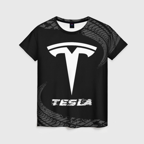 Женская футболка 3D с принтом Tesla speed на темном фоне со следами шин в Петрозаводске, 100% полиэфир ( синтетическое хлопкоподобное полотно) | прямой крой, круглый вырез горловины, длина до линии бедер | 