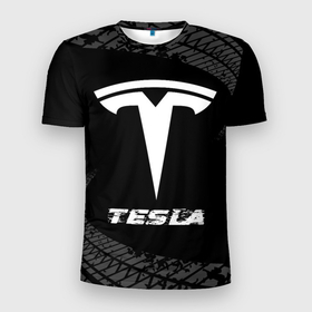 Мужская футболка 3D Slim с принтом Tesla speed на темном фоне со следами шин в Петрозаводске, 100% полиэстер с улучшенными характеристиками | приталенный силуэт, круглая горловина, широкие плечи, сужается к линии бедра | Тематика изображения на принте: 