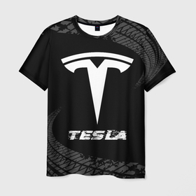 Мужская футболка 3D с принтом Tesla speed на темном фоне со следами шин в Петрозаводске, 100% полиэфир | прямой крой, круглый вырез горловины, длина до линии бедер | Тематика изображения на принте: 