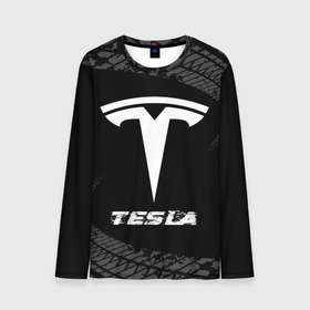Мужской лонгслив 3D с принтом Tesla speed на темном фоне со следами шин , 100% полиэстер | длинные рукава, круглый вырез горловины, полуприлегающий силуэт | 