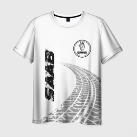 Мужская футболка 3D с принтом Saab speed на светлом фоне со следами шин: надпись, символ в Курске, 100% полиэфир | прямой крой, круглый вырез горловины, длина до линии бедер | 