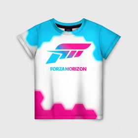 Детская футболка 3D с принтом Forza Horizon neon gradient style в Петрозаводске, 100% гипоаллергенный полиэфир | прямой крой, круглый вырез горловины, длина до линии бедер, чуть спущенное плечо, ткань немного тянется | 