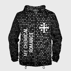 Мужская ветровка 3D с принтом My Chemical Romance glitch на темном фоне: надпись, символ в Екатеринбурге, 100% полиэстер | подол и капюшон оформлены резинкой с фиксаторами, два кармана без застежек по бокам, один потайной карман на груди | 