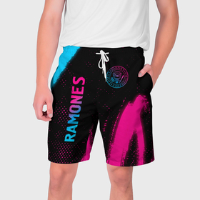 Мужские шорты 3D с принтом Ramones   neon gradient: надпись, символ ,  полиэстер 100% | прямой крой, два кармана без застежек по бокам. Мягкая трикотажная резинка на поясе, внутри которой широкие завязки. Длина чуть выше колен | Тематика изображения на принте: 