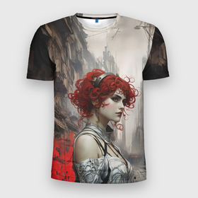 Мужская футболка 3D Slim с принтом Рыжая девушка на променаде в Екатеринбурге, 100% полиэстер с улучшенными характеристиками | приталенный силуэт, круглая горловина, широкие плечи, сужается к линии бедра | 