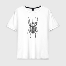 Мужская футболка хлопок Oversize с принтом Жук носорог гравюра в Екатеринбурге, 100% хлопок | свободный крой, круглый ворот, “спинка” длиннее передней части | 