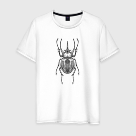 Мужская футболка хлопок с принтом Жук носорог гравюра в Тюмени, 100% хлопок | прямой крой, круглый вырез горловины, длина до линии бедер, слегка спущенное плечо. | 