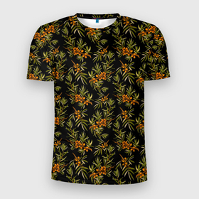 Мужская футболка 3D Slim с принтом Облепиха ягоды в Петрозаводске, 100% полиэстер с улучшенными характеристиками | приталенный силуэт, круглая горловина, широкие плечи, сужается к линии бедра | 