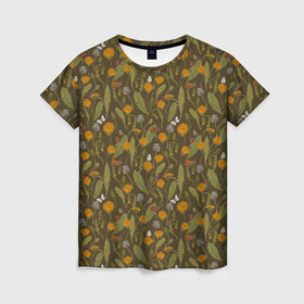 Женская футболка 3D с принтом Одуванчики улитки и бабочки в Курске, 100% полиэфир ( синтетическое хлопкоподобное полотно) | прямой крой, круглый вырез горловины, длина до линии бедер | 