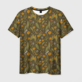 Мужская футболка 3D с принтом Одуванчики улитки и бабочки в Белгороде, 100% полиэфир | прямой крой, круглый вырез горловины, длина до линии бедер | Тематика изображения на принте: 