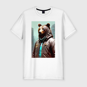 Мужская футболка хлопок Slim с принтом Медведь житель мегаполиса   нейросеть в Санкт-Петербурге, 92% хлопок, 8% лайкра | приталенный силуэт, круглый вырез ворота, длина до линии бедра, короткий рукав | 