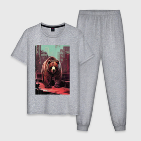 Мужская пижама хлопок с принтом Могучий медведь в большом городе в Санкт-Петербурге, 100% хлопок | брюки и футболка прямого кроя, без карманов, на брюках мягкая резинка на поясе и по низу штанин
 | 