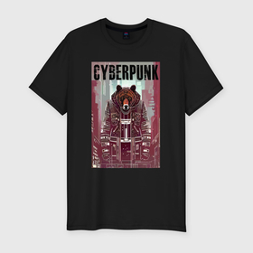 Мужская футболка хлопок Slim с принтом Могучий медведь   киберпанк   нейросеть в Санкт-Петербурге, 92% хлопок, 8% лайкра | приталенный силуэт, круглый вырез ворота, длина до линии бедра, короткий рукав | 