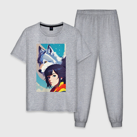 Мужская пижама хлопок с принтом Girl and wolf   anime   neural network  art в Курске, 100% хлопок | брюки и футболка прямого кроя, без карманов, на брюках мягкая резинка на поясе и по низу штанин
 | 