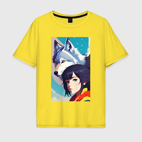 Мужская футболка хлопок Oversize с принтом Girl and wolf   anime   neural network  art в Тюмени, 100% хлопок | свободный крой, круглый ворот, “спинка” длиннее передней части | Тематика изображения на принте: 