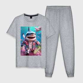 Мужская пижама хлопок с принтом Акуленок в Санкт-Петербурге, 100% хлопок | брюки и футболка прямого кроя, без карманов, на брюках мягкая резинка на поясе и по низу штанин
 | 